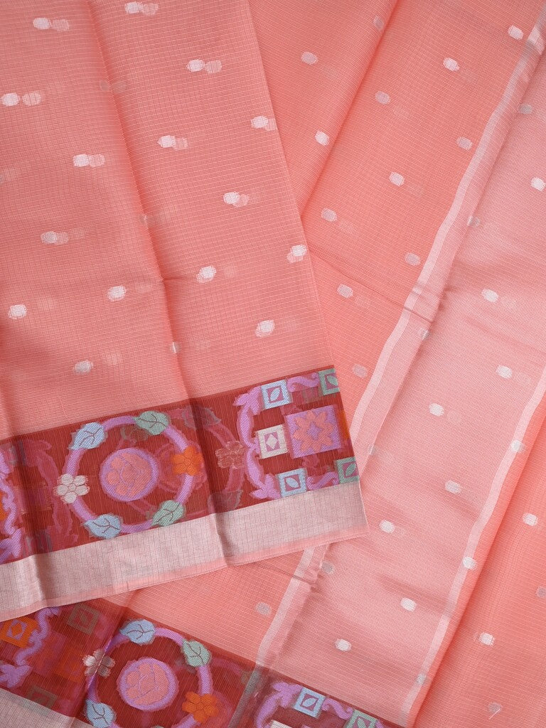 Kota fancy saree peach color allover zari motifs & zari border with self pallu and running blouse