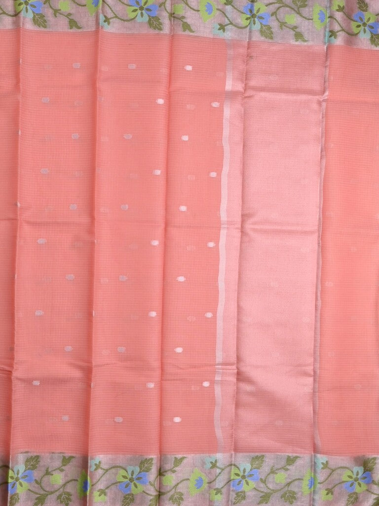 Kota fancy saree peach color allover zari motifs & zari border with self pallu and running blouse