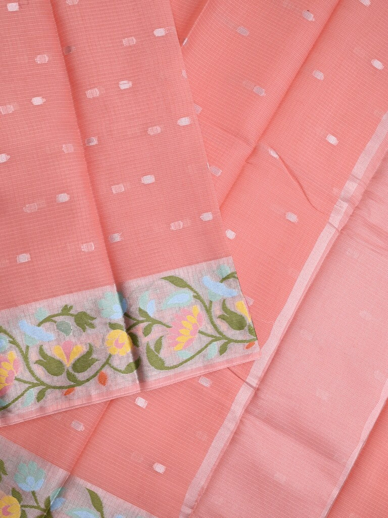 Kota fancy saree peach color allover zari motifs & zari border with self pallu and running blouse