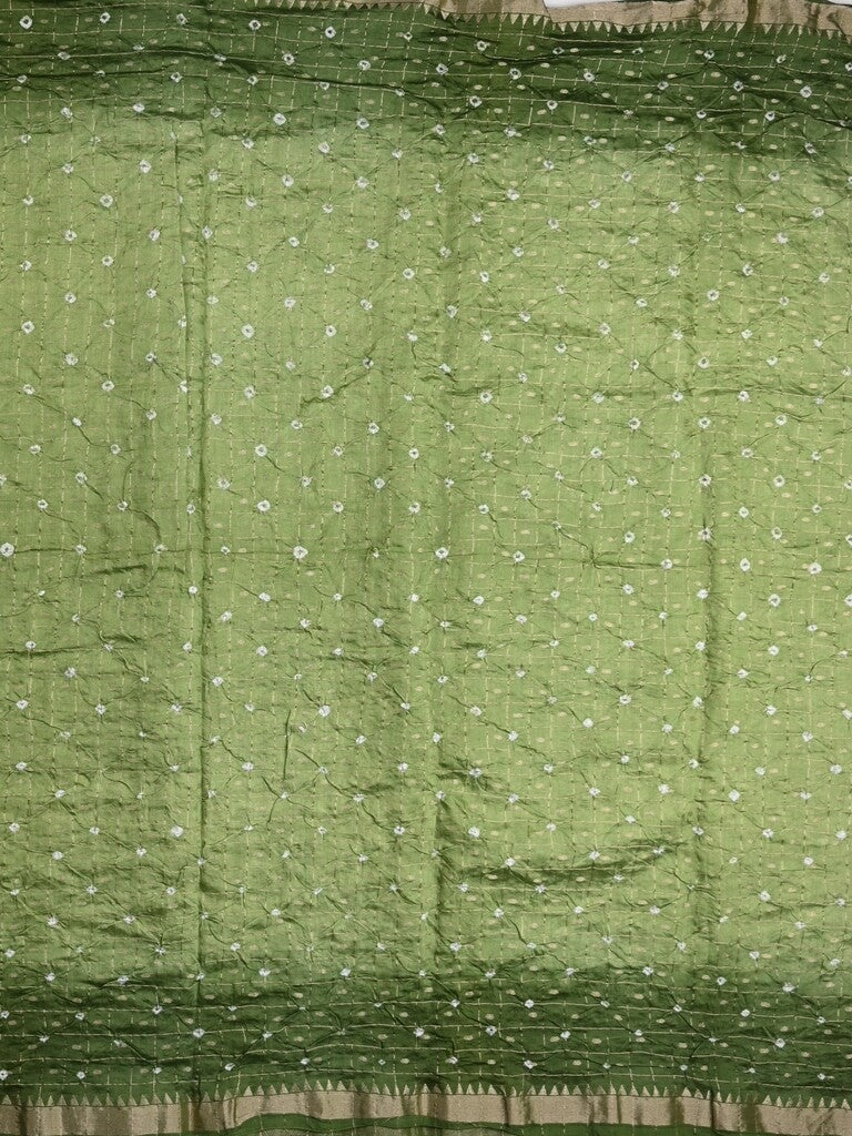 Munga bandhani fancy saree olive green color allover work & small zari border with contrast pallu and blouse