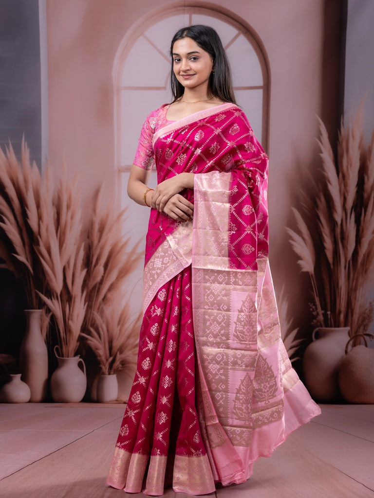 Raw mango pattu saree magenta color allover zari weaves & zari border with rich pallu and contrast plain blouse