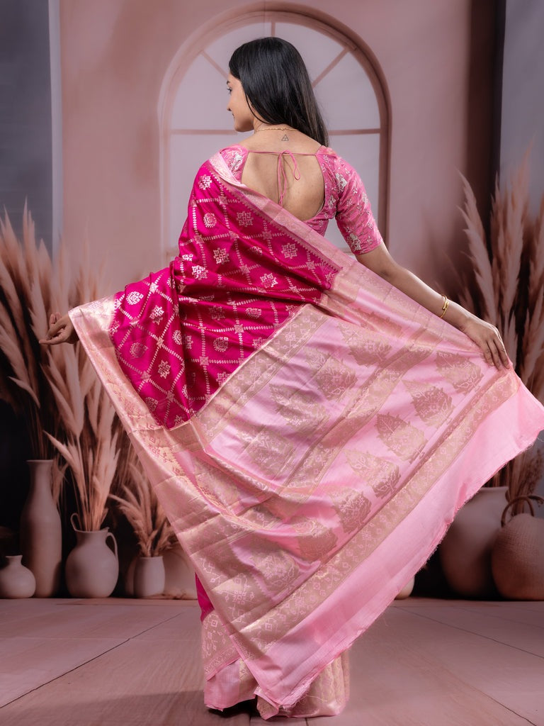 Raw mango pattu saree magenta color allover zari weaves & zari border with rich pallu and contrast plain blouse