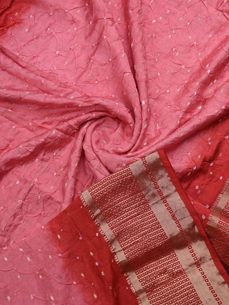 Munga bandhani fancy saree light pink color allover work & zari border with contrast pallu and blouse