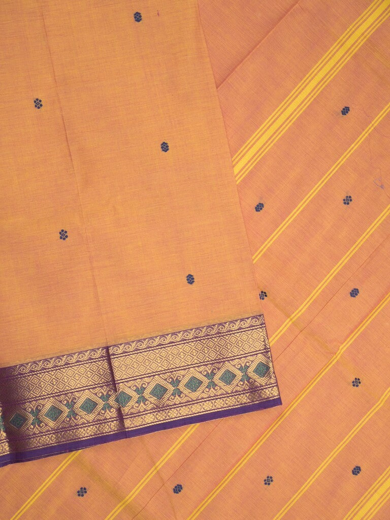 Kanchi cotton saree in orange color allover motifs with self pallu and matching blouse