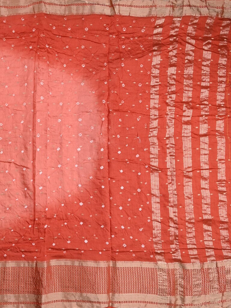 Munga bandhani fancy saree peach color allover work & zari border with contrast pallu and blouse