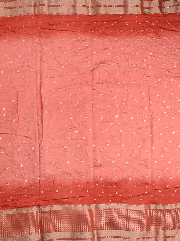 Munga bandhani fancy saree peach color allover work & zari border with contrast pallu and blouse