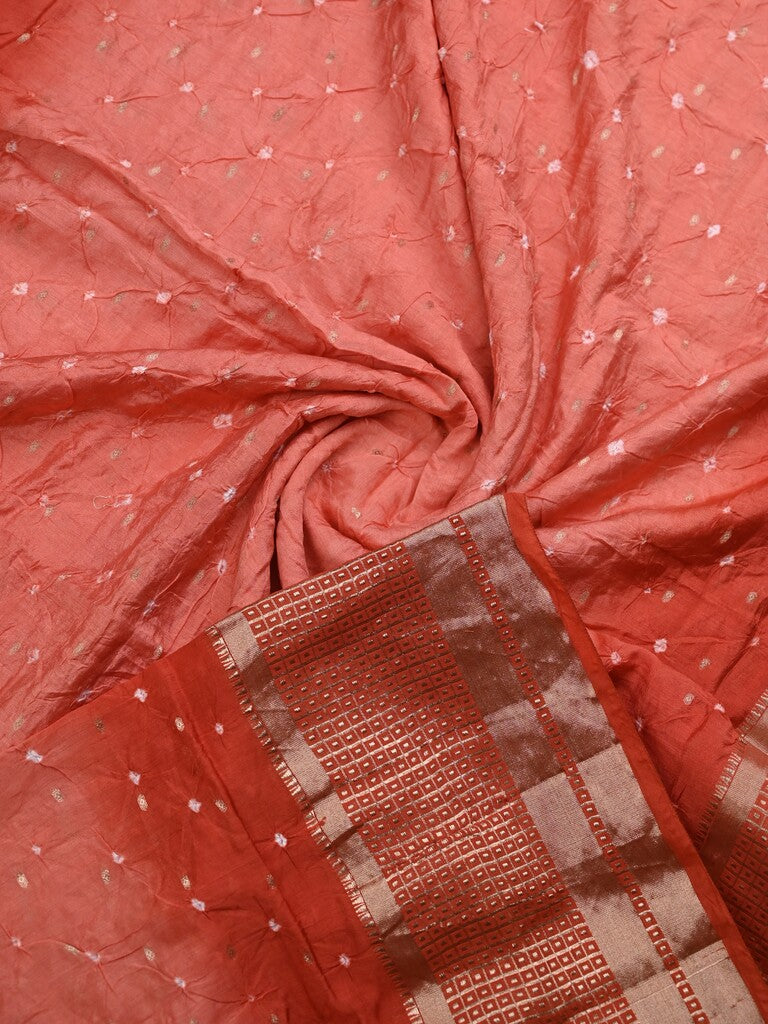Munga bandhani fancy saree peach color allover work & zari border with contrast pallu and blouse