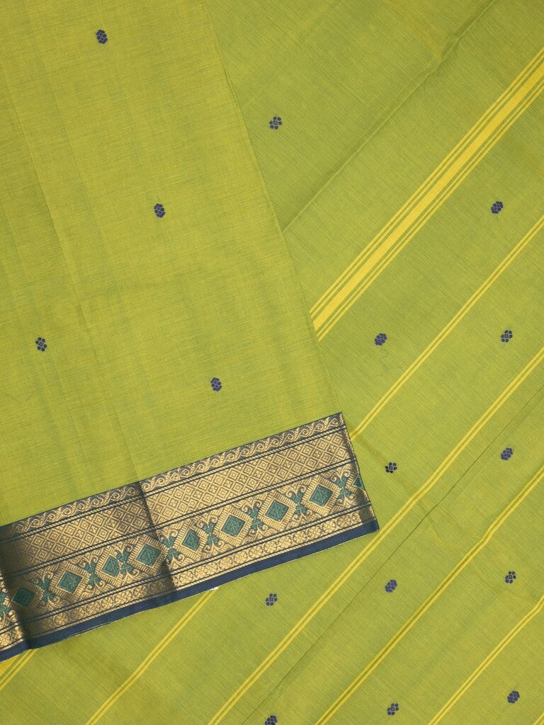 Kanchi cotton saree in parrot green color allover motifs with self pallu and matching blouse