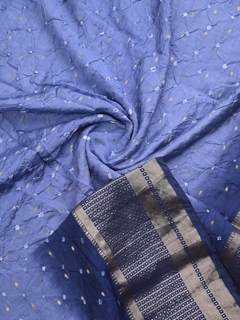 Munga bandhani fancy saree sky blue color allover work & zari border with contrast pallu and blouse