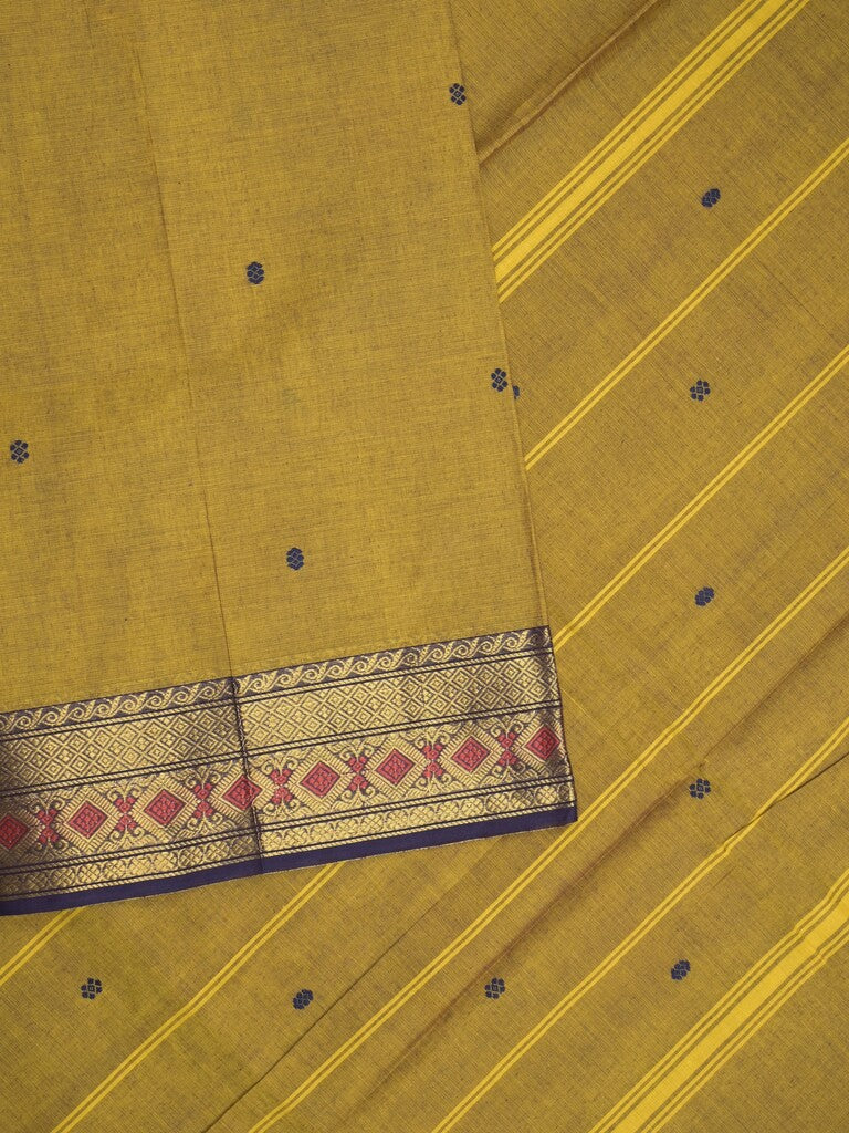 Kanchi cotton saree in mustard yellow color allover motifs with self pallu and matching blouse
