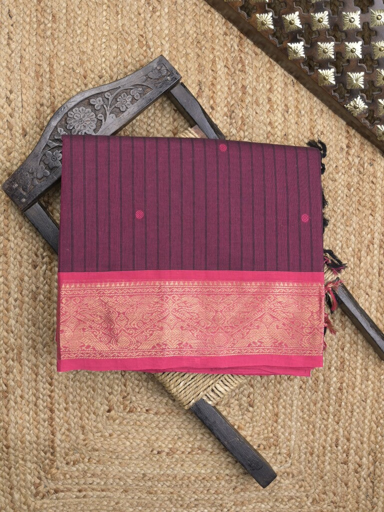 Kanchi cotton saree in wine color allover motifs with self pallu and matching blouse