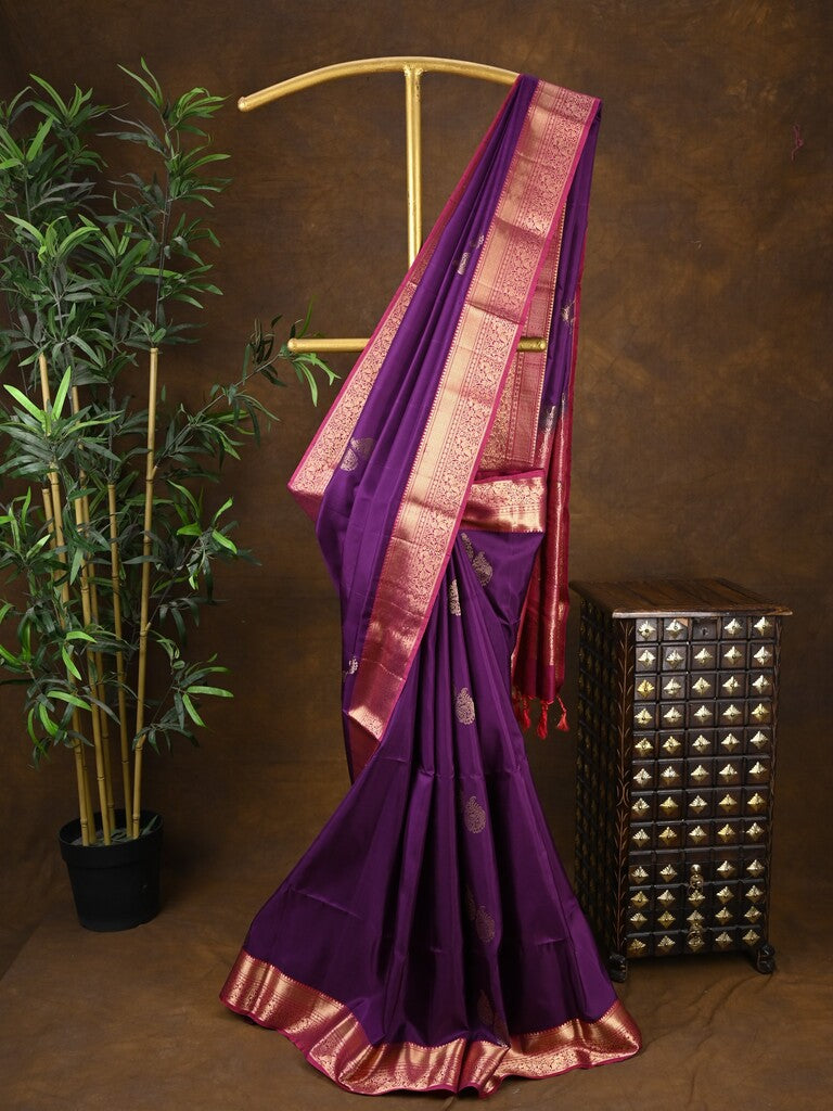 Kanchi pattu saree violet color allover zari motifs & zari border with rich pallu and contrast plain blouse