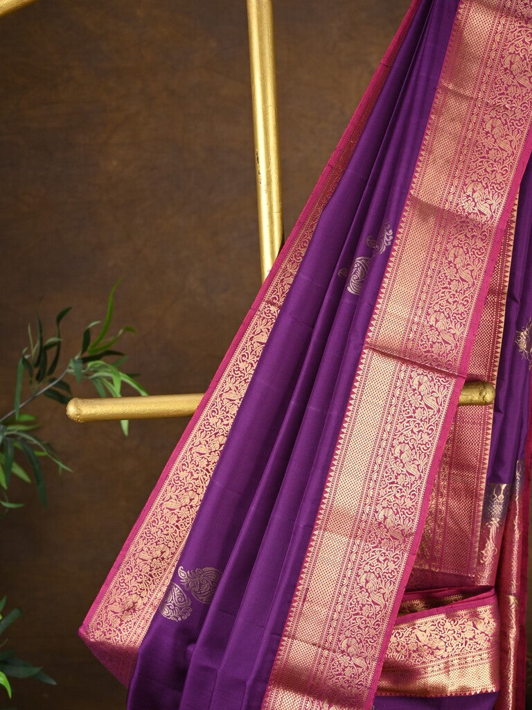 Kanchi pattu saree violet color allover zari motifs & zari border with rich pallu and contrast plain blouse