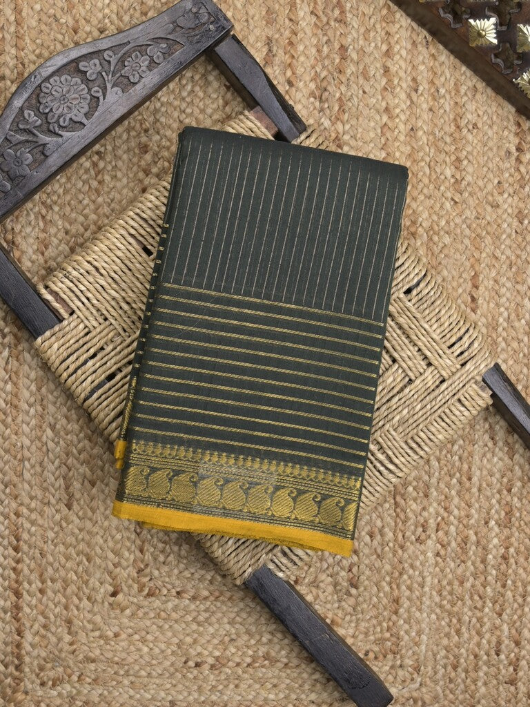 Kanchi cotton saree in black color with self pallu and matching blouse