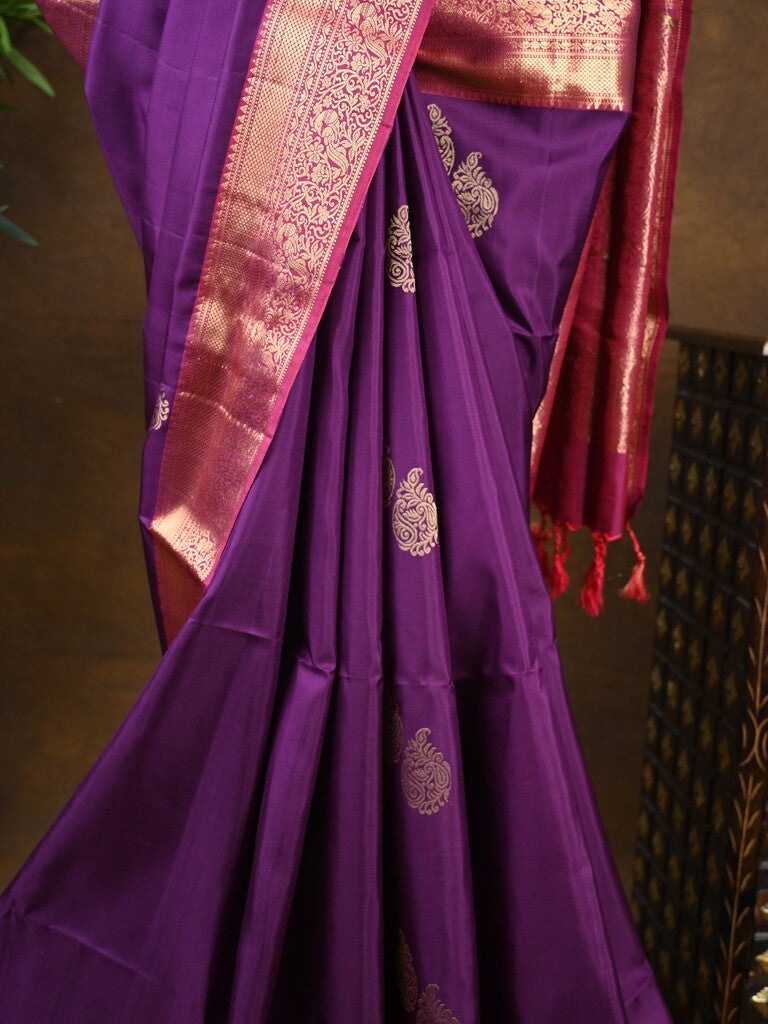 Kanchi pattu saree violet color allover zari motifs & zari border with rich pallu and contrast plain blouse