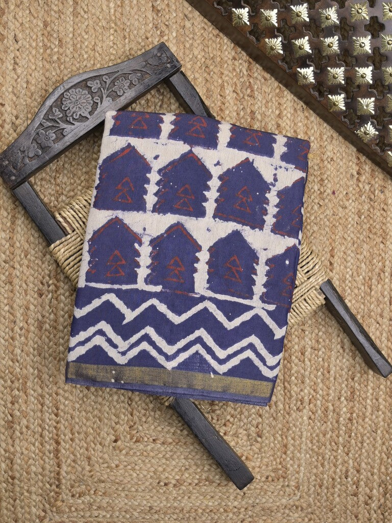 Maheswari fancy saree in navy blue color with printed pallu and attached blouse