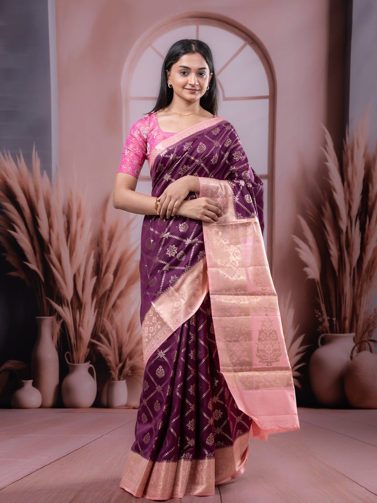 Raw mango pattu saree dark wine color allover zari weaves & zari border with rich pallu and contrast plain blouse