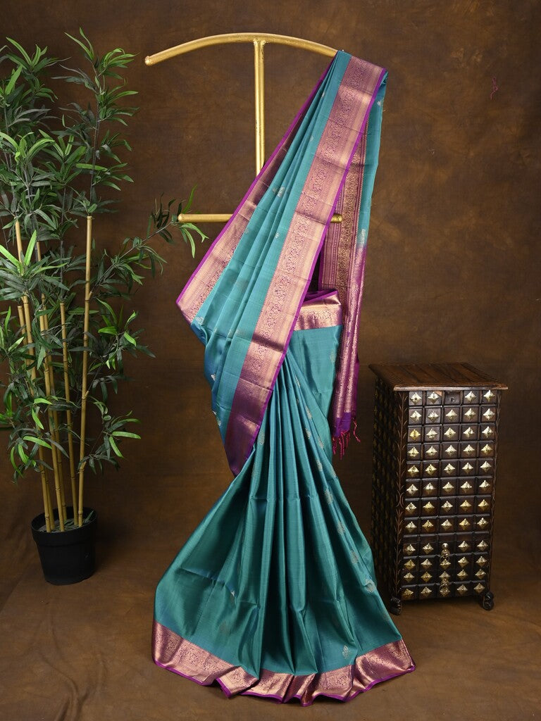 Kanchi pattu saree sky blue color allover zari motifs & zari border with rich pallu and contrast plain blouse