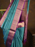 Kanchi pattu saree sky blue color allover zari motifs & zari border with rich pallu and contrast plain blouse