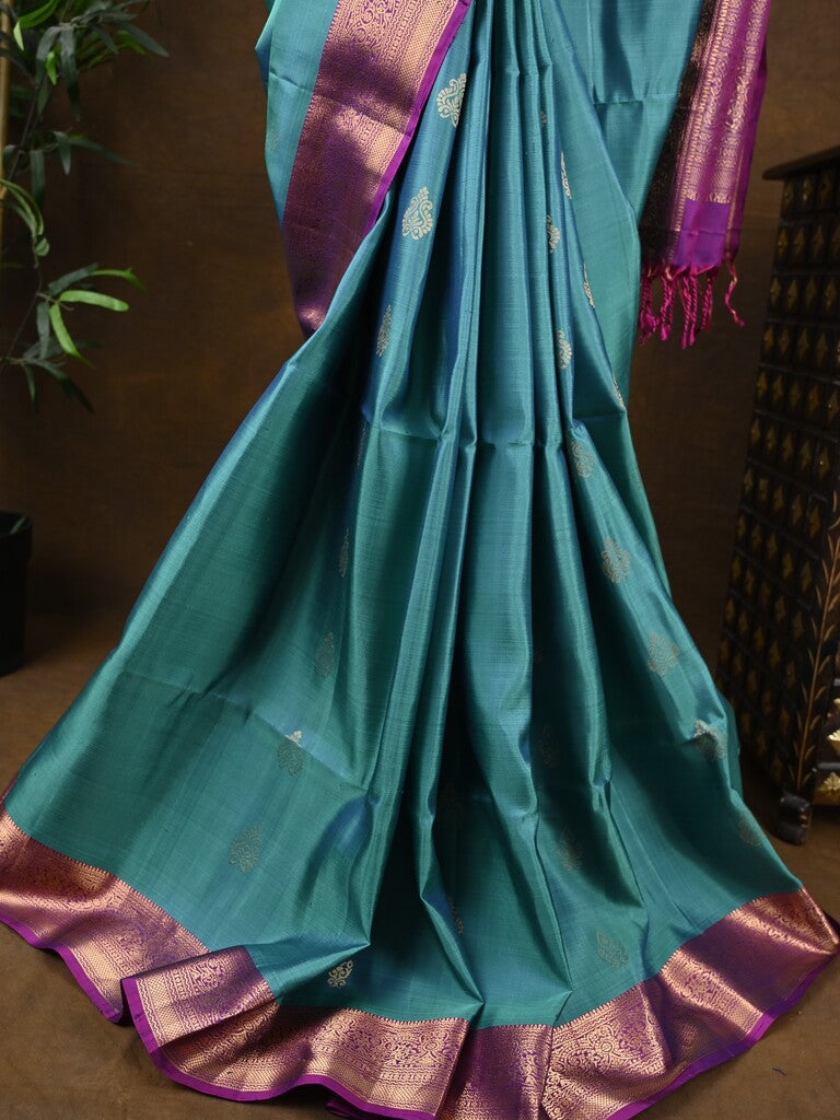 Kanchi pattu saree sky blue color allover zari motifs & zari border with rich pallu and contrast plain blouse