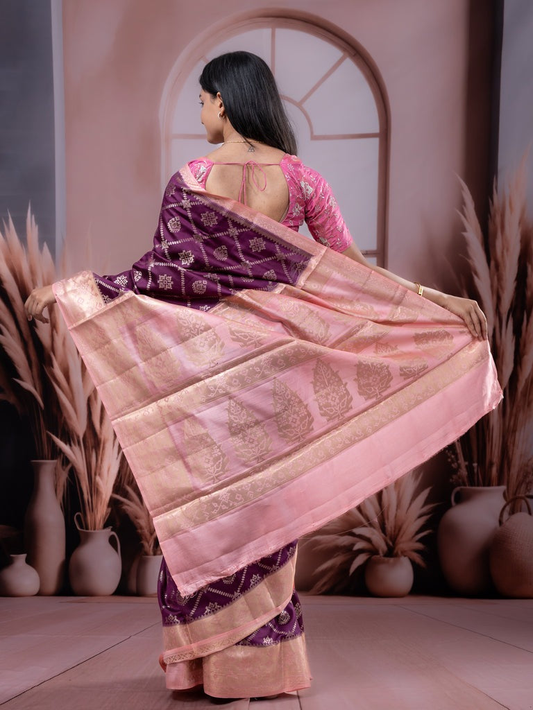 Raw mango pattu saree dark wine color allover zari weaves & zari border with rich pallu and contrast plain blouse