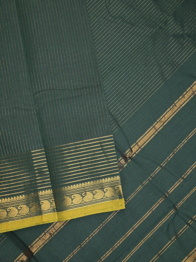 Kanchi cotton saree in dark green color with self pallu and matching blouse