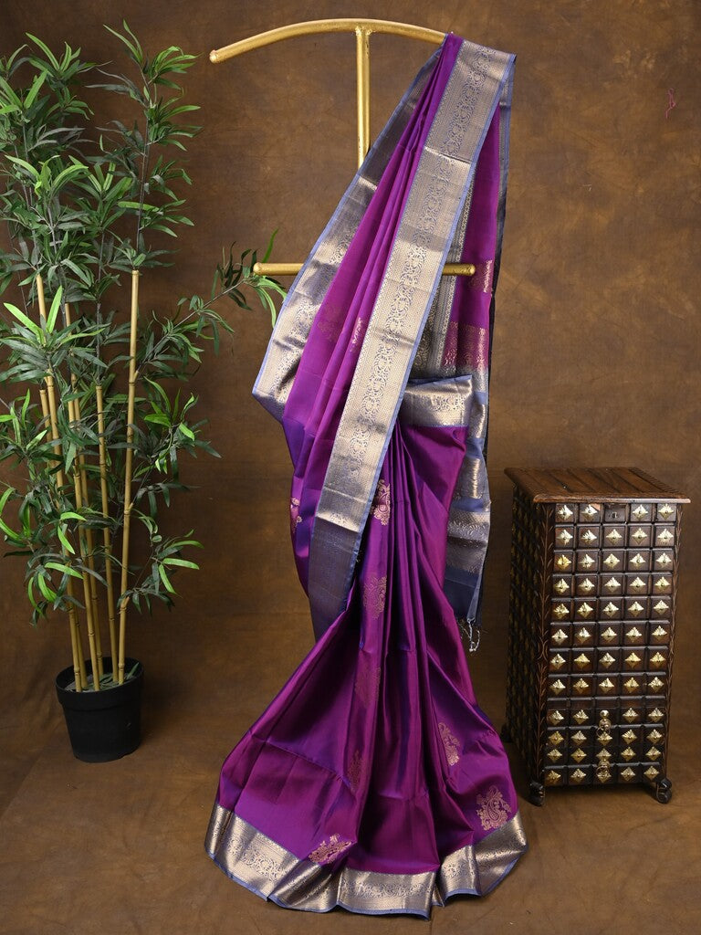 Kanchi pattu saree purple color allover zari motifs & zari border with rich pallu and contrast plain blouse