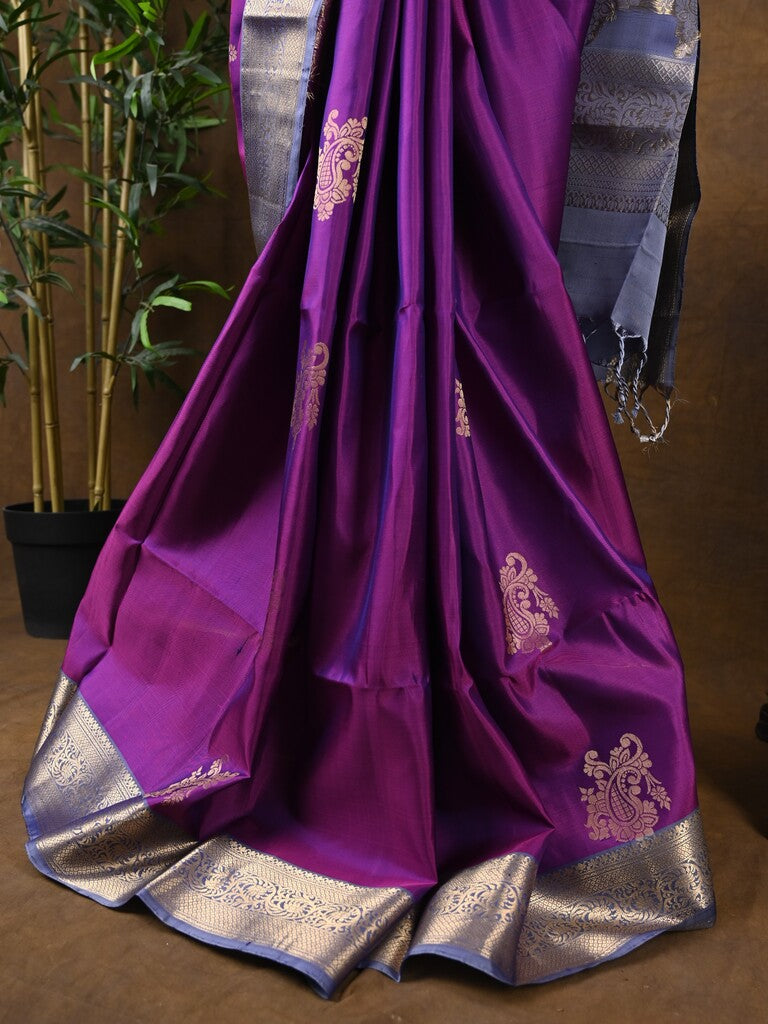 Kanchi pattu saree purple color allover zari motifs & zari border with rich pallu and contrast plain blouse