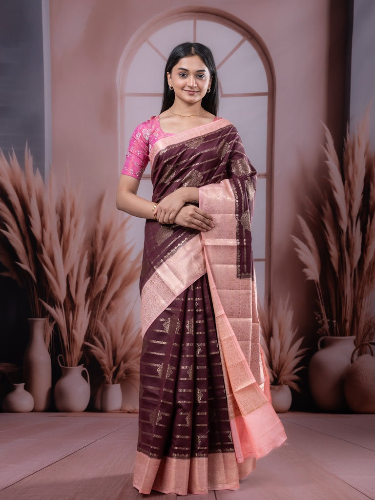 Raw mango pattu saree dark wine color allover zari weaves & zari border with rich pallu and contrast plain blouse