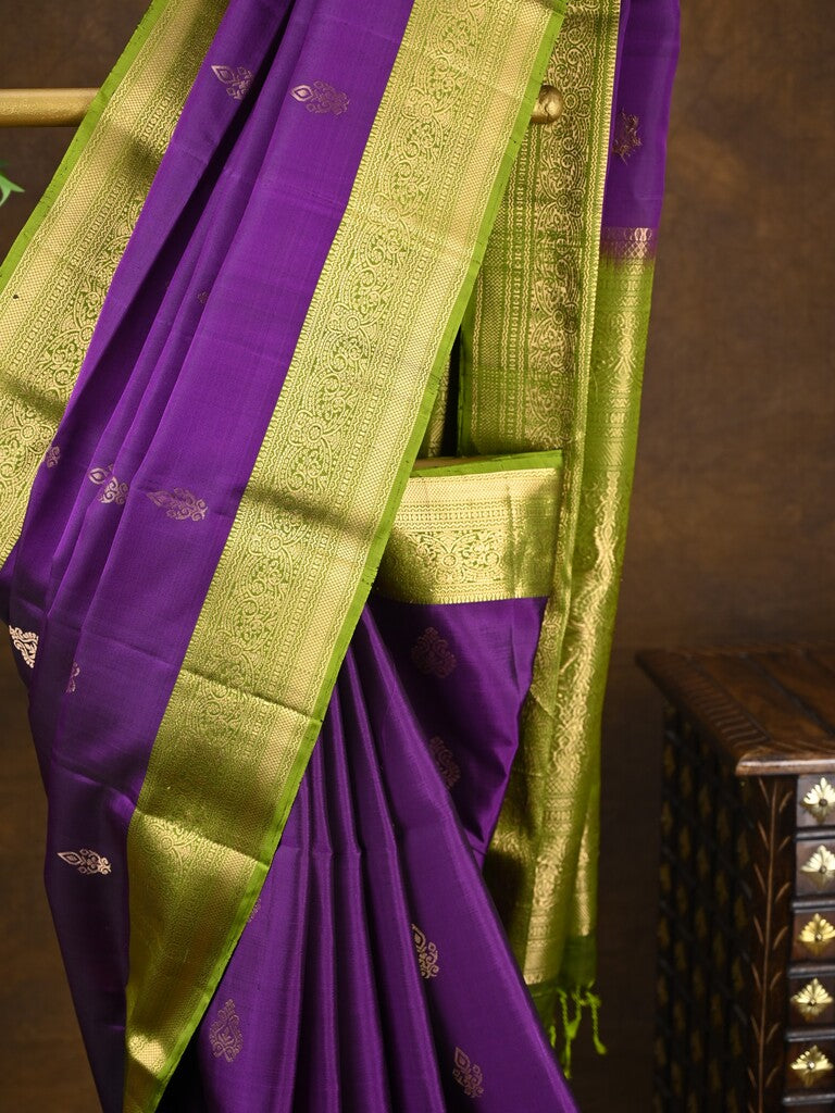 Kanchi pattu saree dark purple color allover zari motifs & zari border with rich pallu and contrast plain blouse