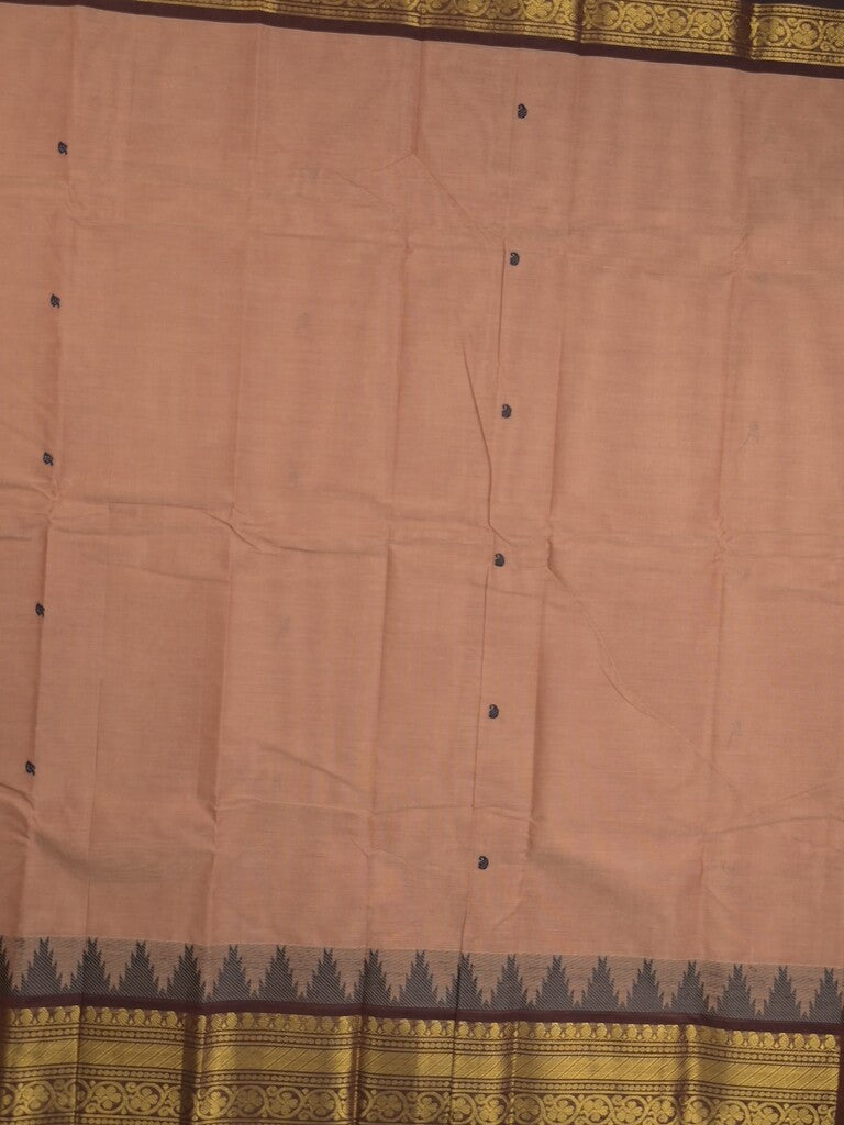 Kanchi cotton saree in peach color allover motifs with self pallu and matching blouse