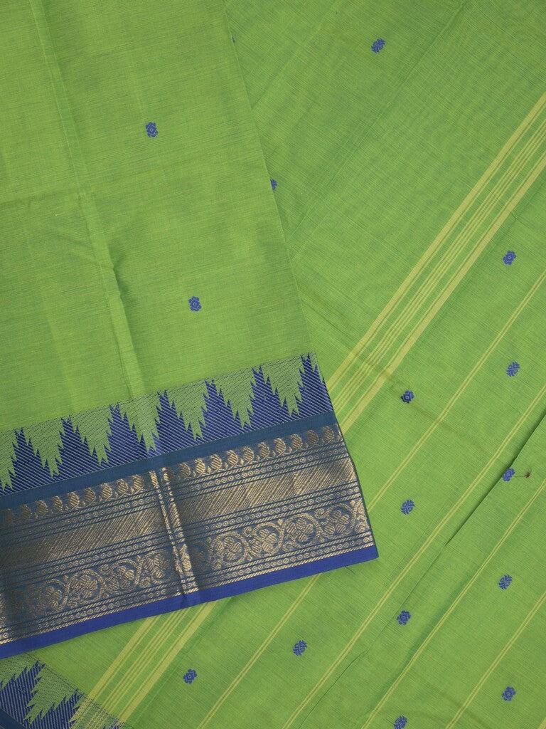 Kanchi cotton saree in parrot green color allover motifs with self pallu and matching blouse