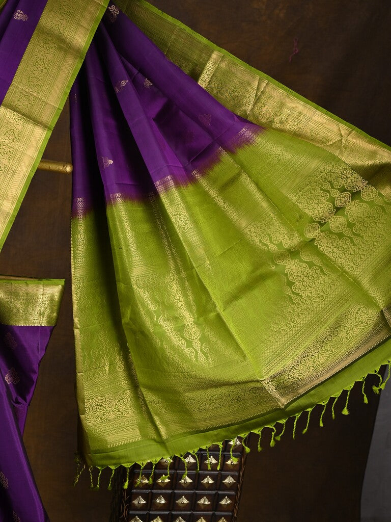 Kanchi pattu saree dark purple color allover zari motifs & zari border with rich pallu and contrast plain blouse