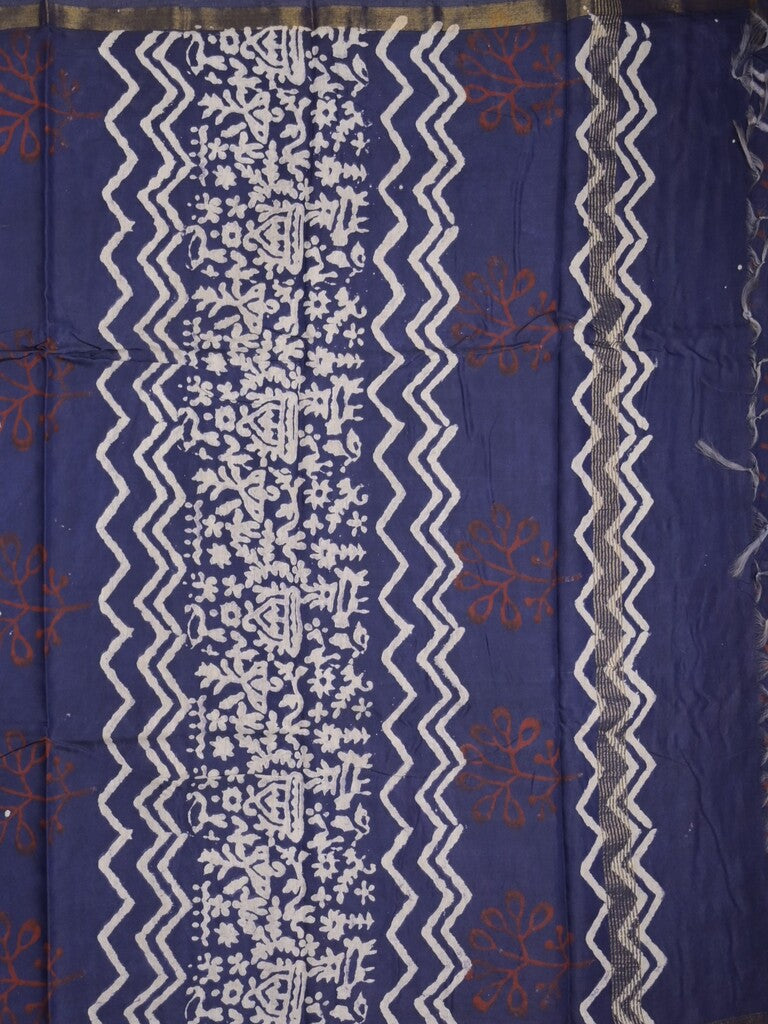 Maheswari fancy saree in navy blue color with printed pallu and attached blouse
