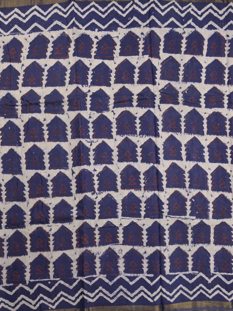 Maheswari fancy saree in navy blue color with printed pallu and attached blouse