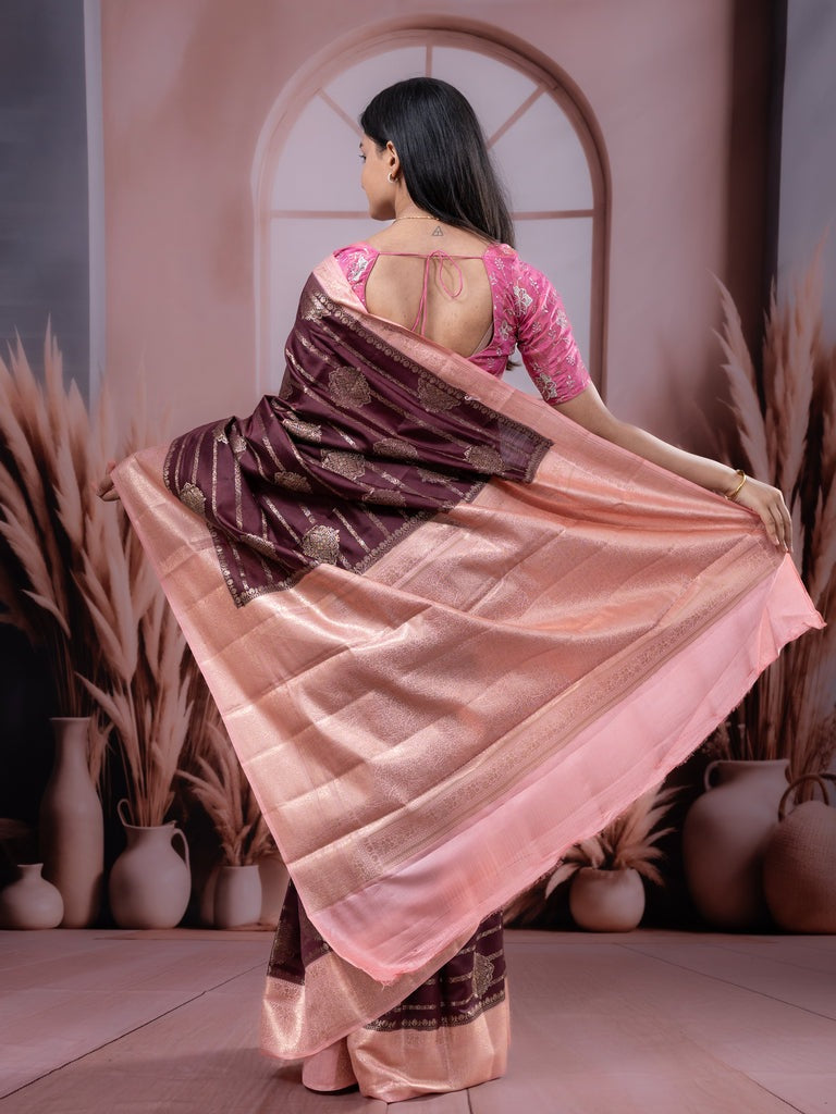 Raw mango pattu saree dark wine color allover zari weaves & zari border with rich pallu and contrast plain blouse