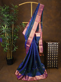 Kanchi pattu saree navy blue color allover zari motifs & zari border with rich pallu and contrast plain blouse