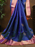 Kanchi pattu saree navy blue color allover zari motifs & zari border with rich pallu and contrast plain blouse