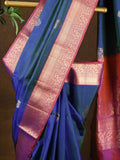 Kanchi pattu saree navy blue color allover zari motifs & zari border with rich pallu and contrast plain blouse