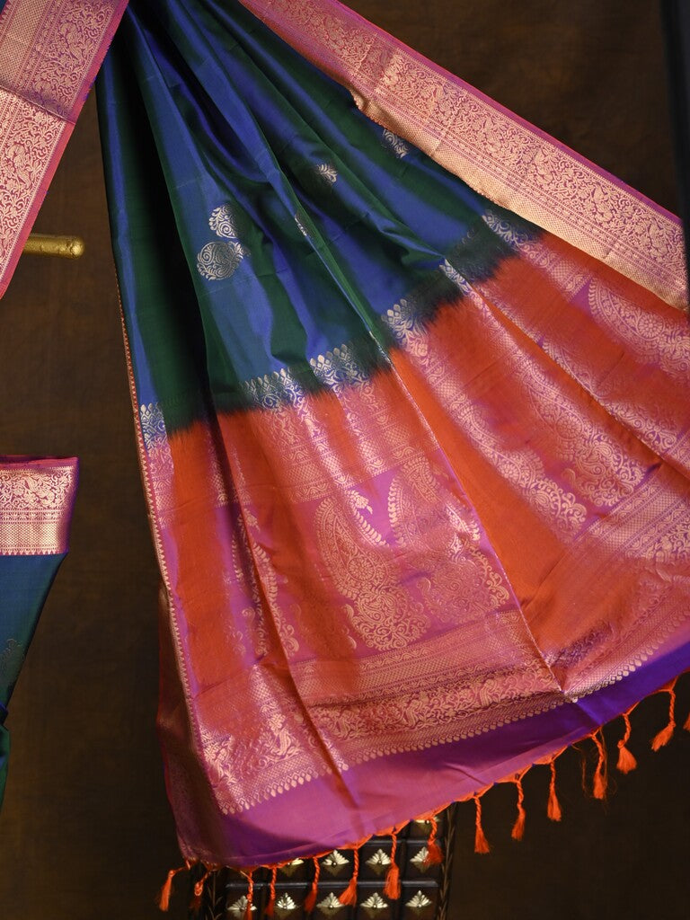 Kanchi pattu saree navy blue color allover zari motifs & zari border with rich pallu and contrast plain blouse