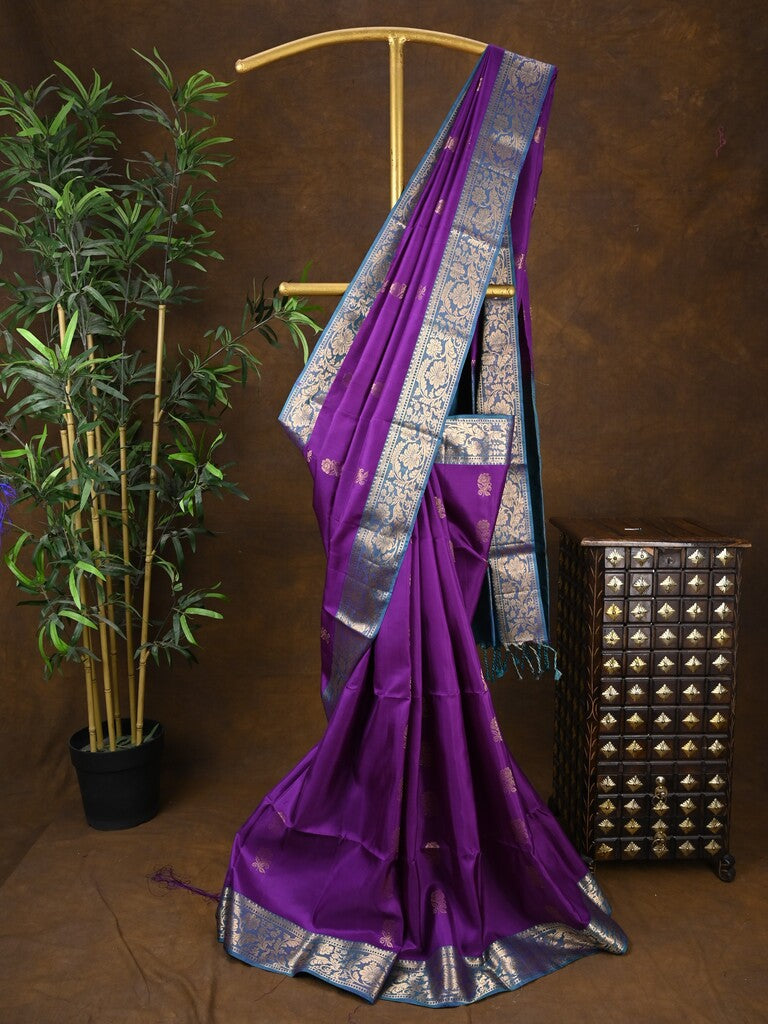 Kanchi pattu saree dark purple color allover zari motifs & zari border with rich pallu and contrast plain blouse