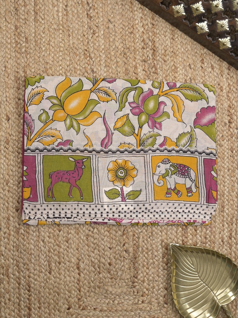 Kalamkari cotton saree in white color with contrast pallu and matching blouse