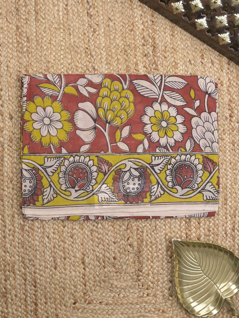 Kalamkari cotton saree in maroon color with contrast pallu and matching blouse