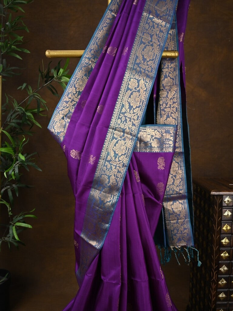 Kanchi pattu saree dark purple color allover zari motifs & zari border with rich pallu and contrast plain blouse