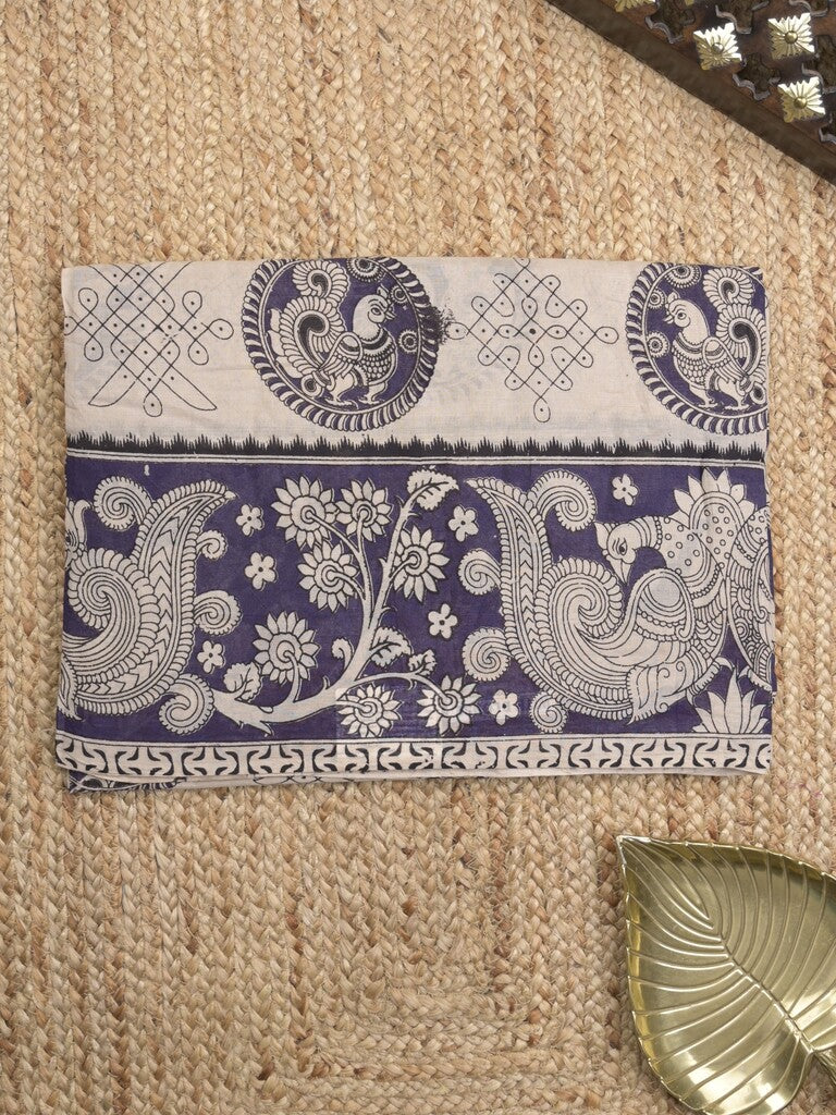 Kalamkari cotton saree in white color with contrast pallu and matching blouse