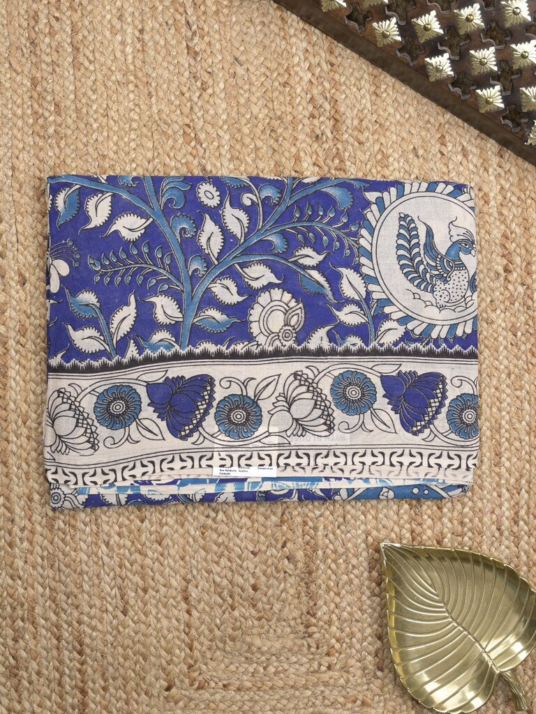 Kalamkari cotton saree in royal blue color with contrast pallu and matching blouse