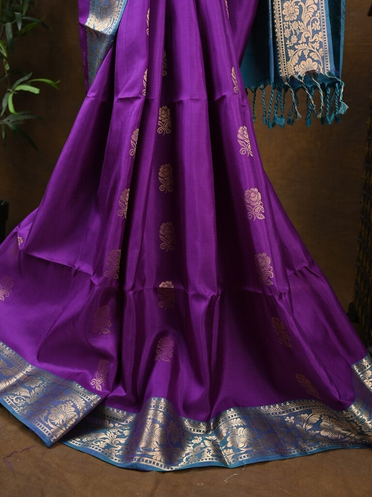 Kanchi pattu saree dark purple color allover zari motifs & zari border with rich pallu and contrast plain blouse