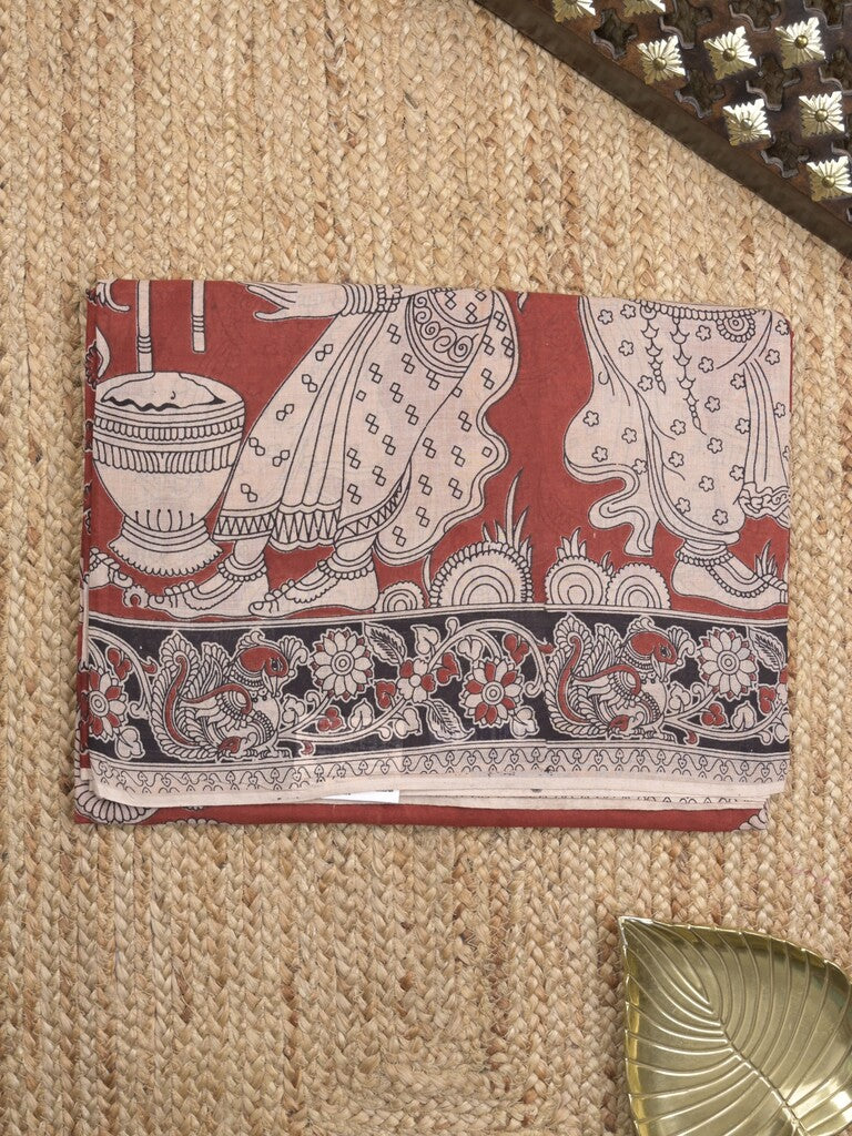 Kalamkari cotton saree in red color with contrast pallu and matching blouse