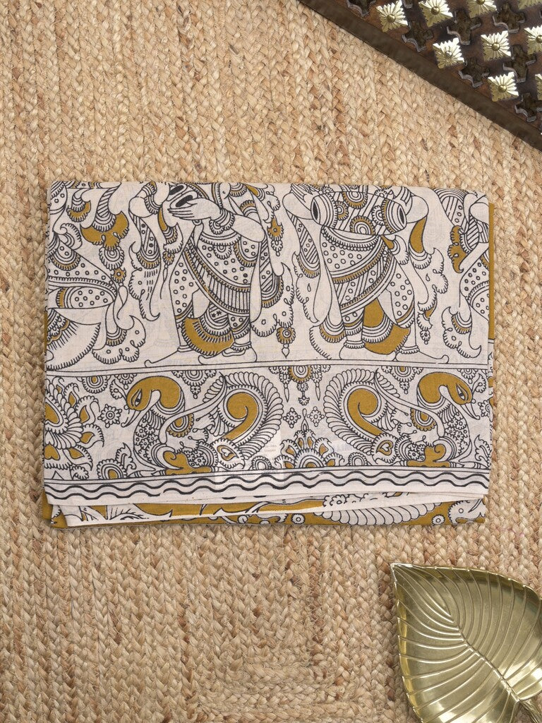Kalamkari cotton saree in white and yellow color with contrast pallu and matching blouse