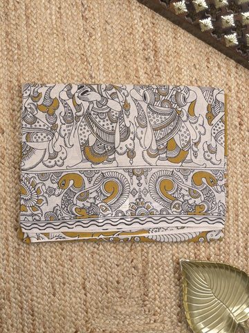 Kalamkari cotton saree in white and yellow color with contrast pallu and matching blouse